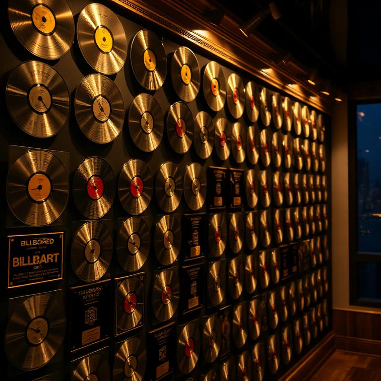 Wall of platinum records and Billboard plaques
