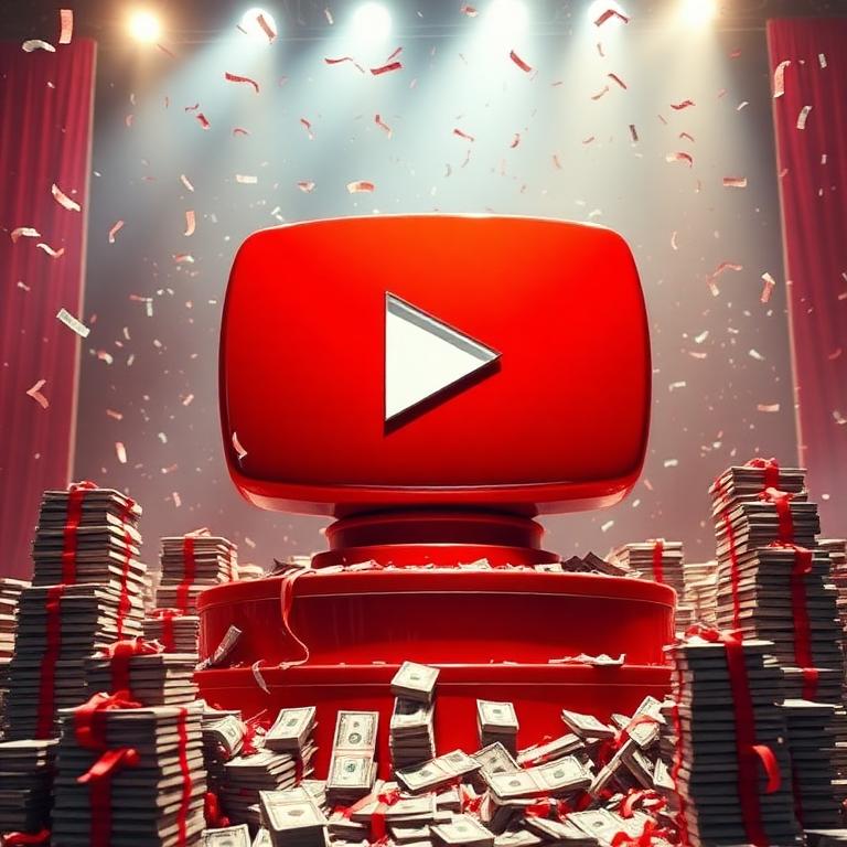 Giant YouTube play button surrounded by cash